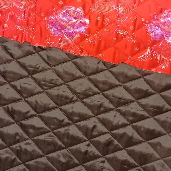 1 Yard 19" Vintage Double Faced Quilted Diamond Red Satin Floral Quilting Fabric - Picture 8 of 14